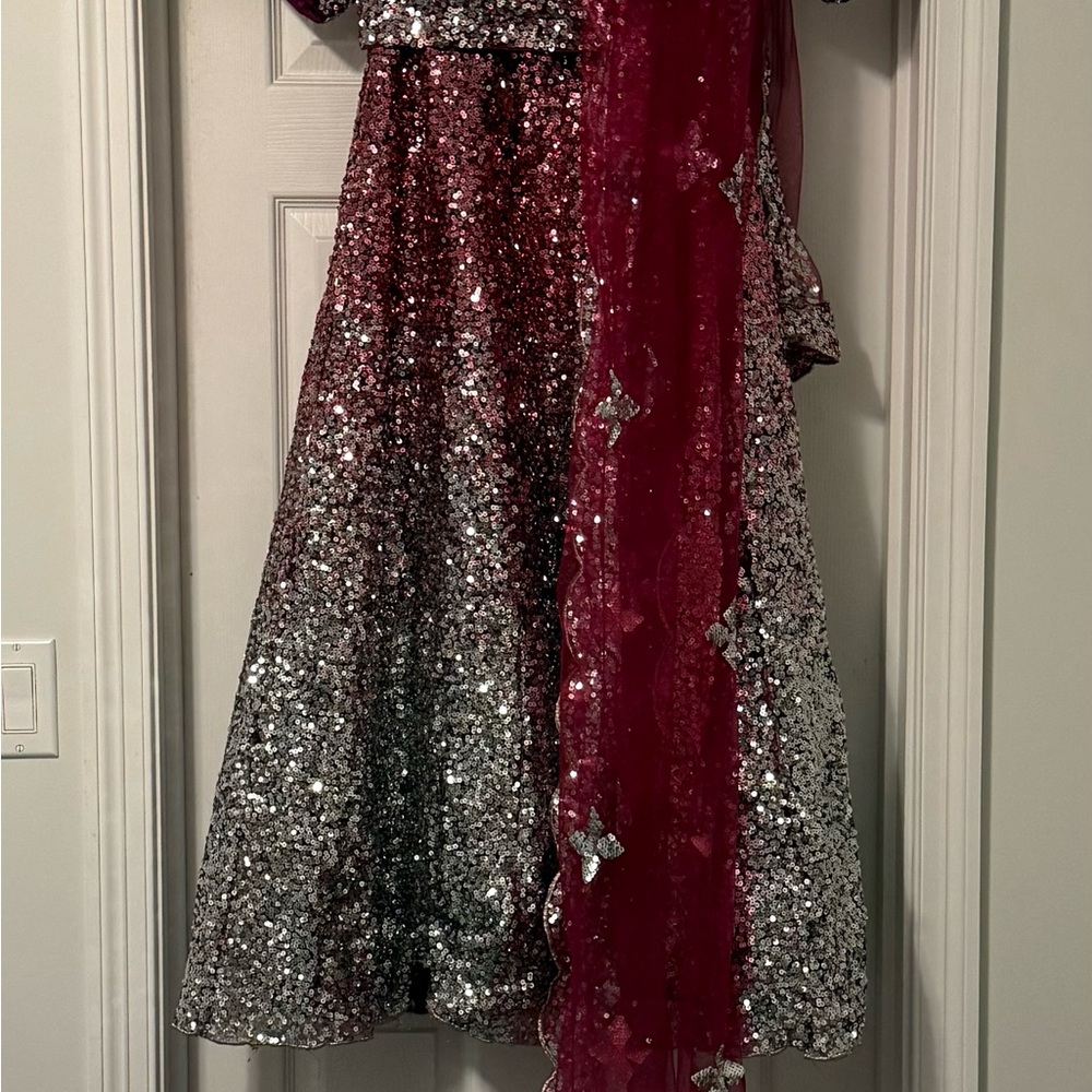 Silver and Fuchsia Ombré Sequin Lehenga and Choli with Net Dupatta